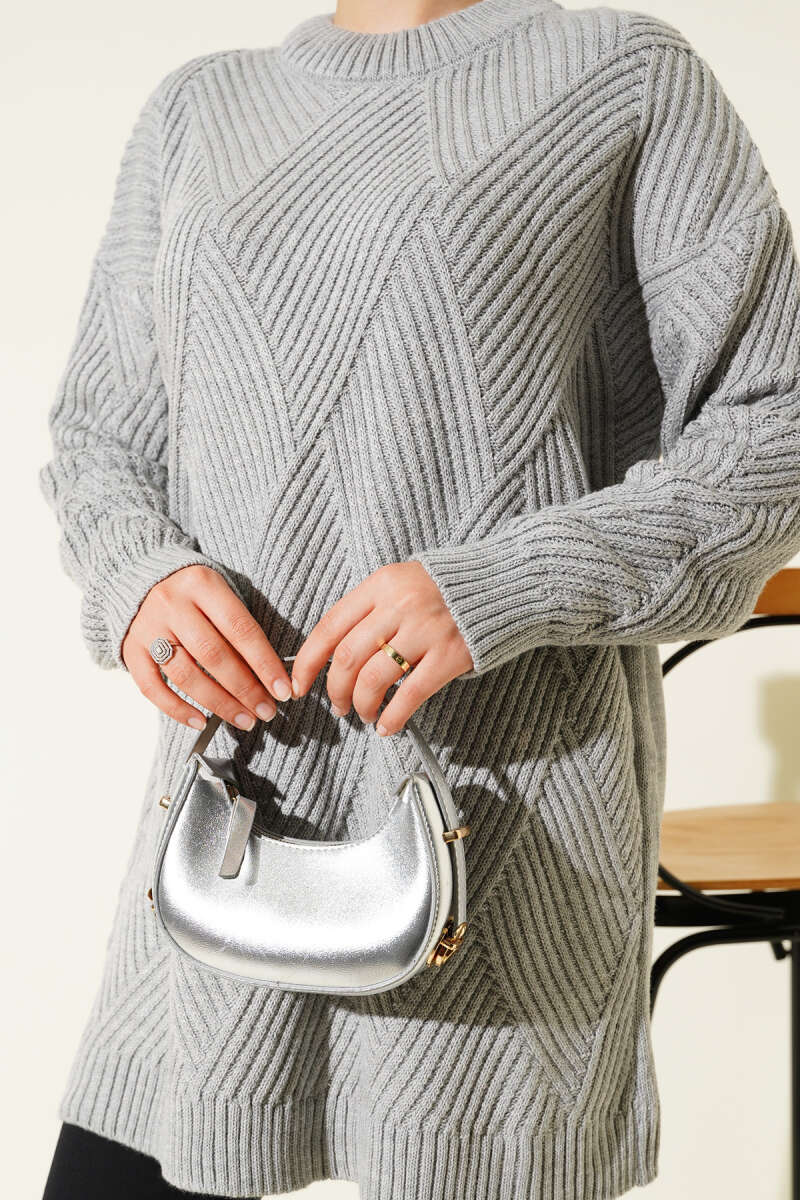 Striped Diamond Pattern Knit Tunic Grey - الصورة 4