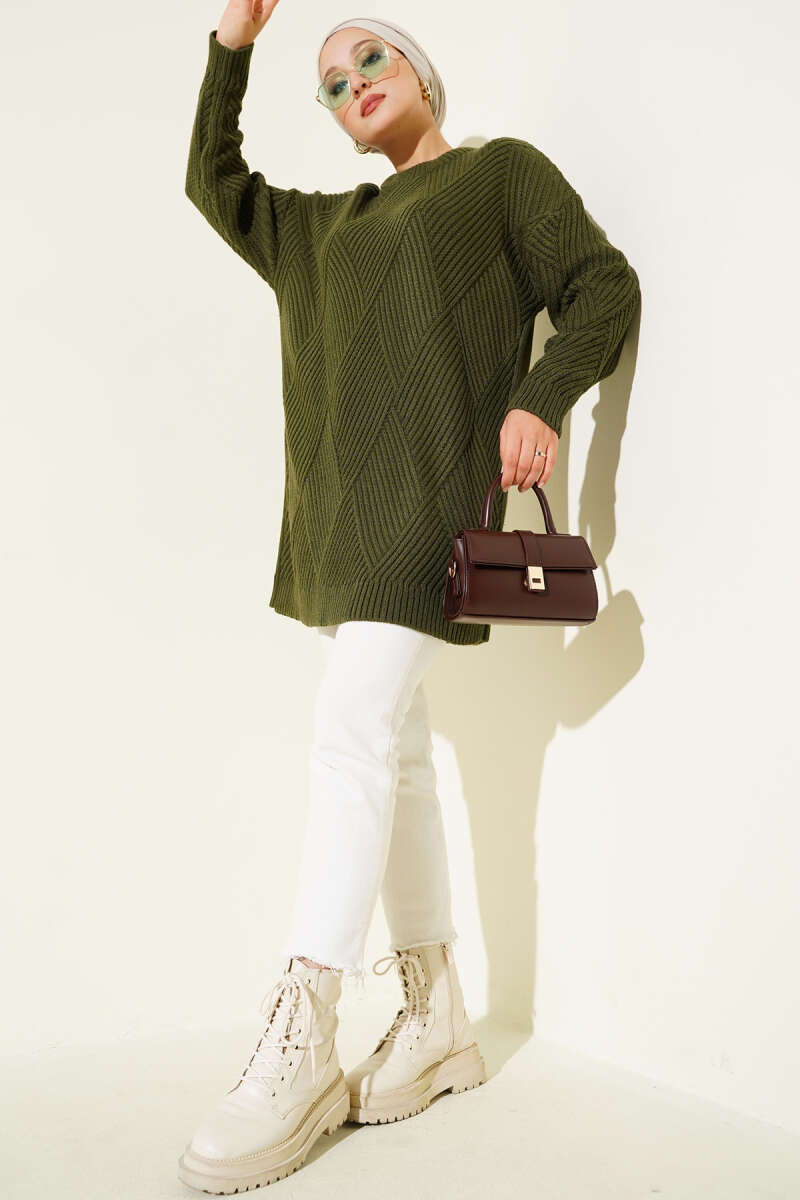 Striped Diamond Pattern Knit Tunic Khaki