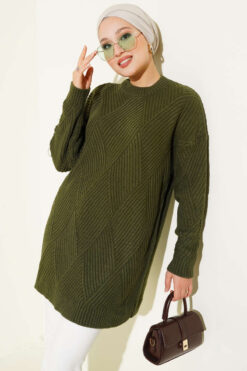 Alternative view of Striped Diamond Pattern Knit Tunic Khaki
