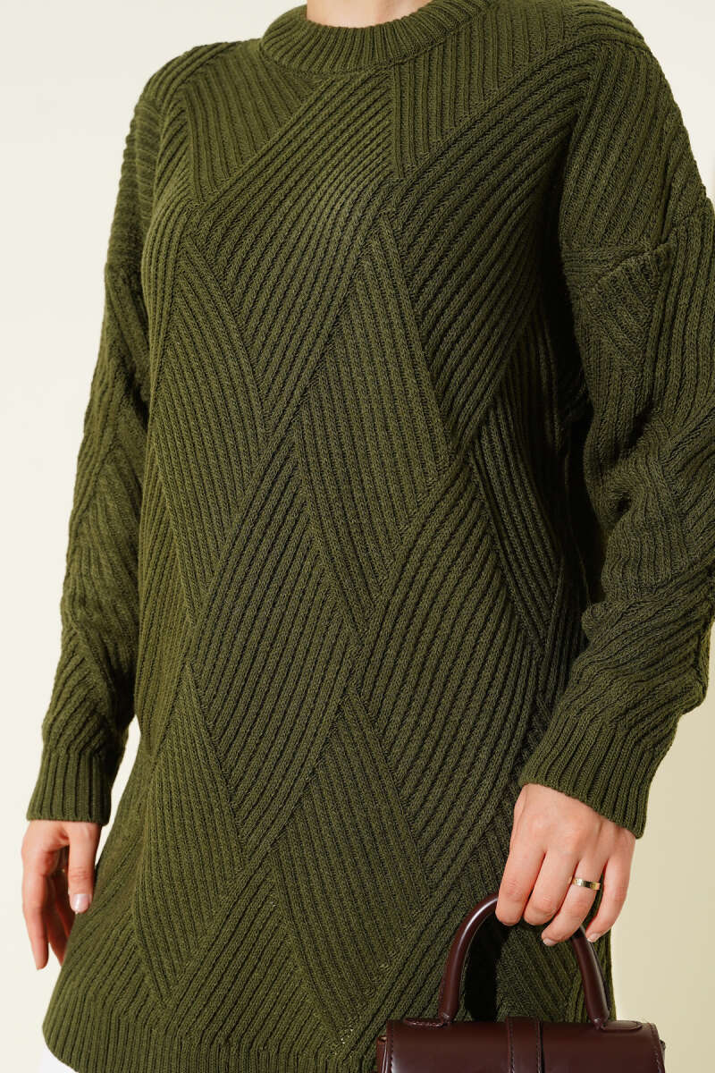 Striped Diamond Pattern Knit Tunic Khaki - Imagen 4