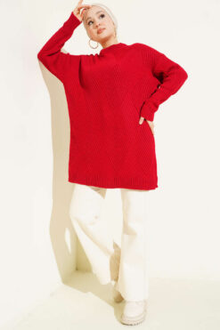 Alternative view of Striped Diamond Pattern Knit Tunic Red