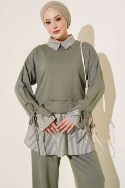 Alternative view of Striped Trim French Terry Two-Piece Set Khaki
