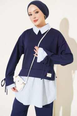 Alternative view of Striped Trim French Terry Two-Piece Set Navy Blue