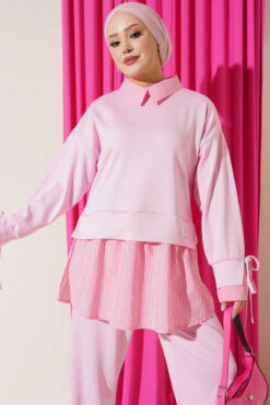 Alternative view of Striped Trim French Terry Two-Piece Set Pink