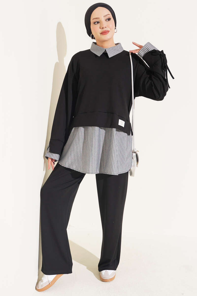 Striped Trim French Terry Two-Piece Set Black