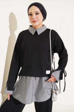Alternative view of Striped Trim French Terry Two-Piece Set Black