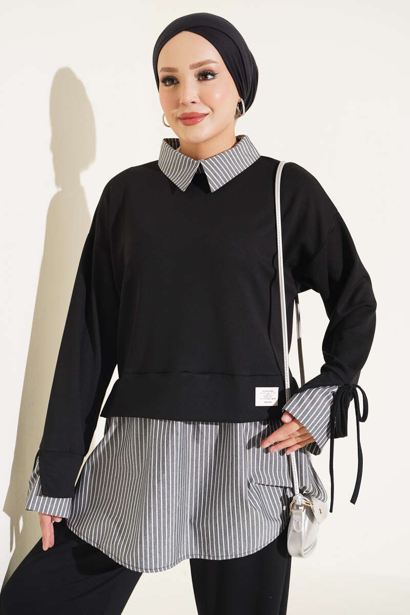 Striped Trim French Terry Two-Piece Set Black - immagine 2