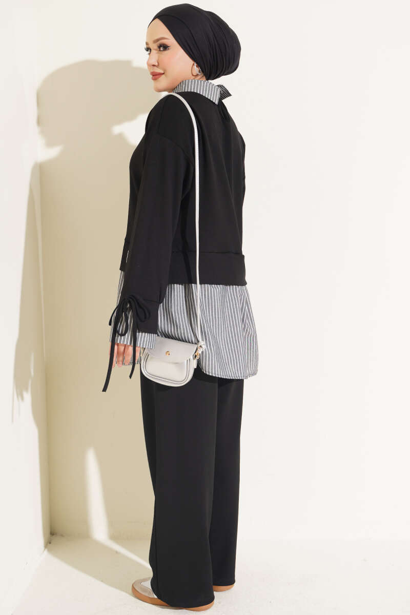 Striped Trim French Terry Two-Piece Set Black - immagine 3