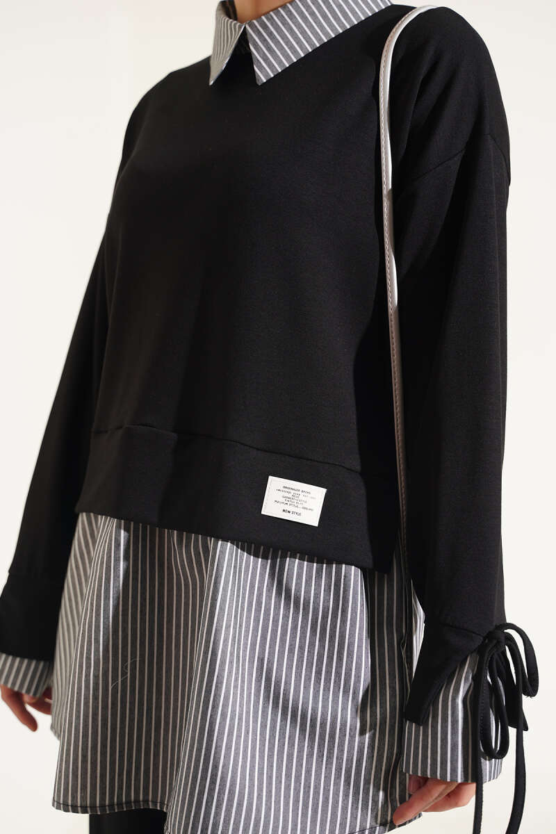 Striped Trim French Terry Two-Piece Set Black - immagine 4