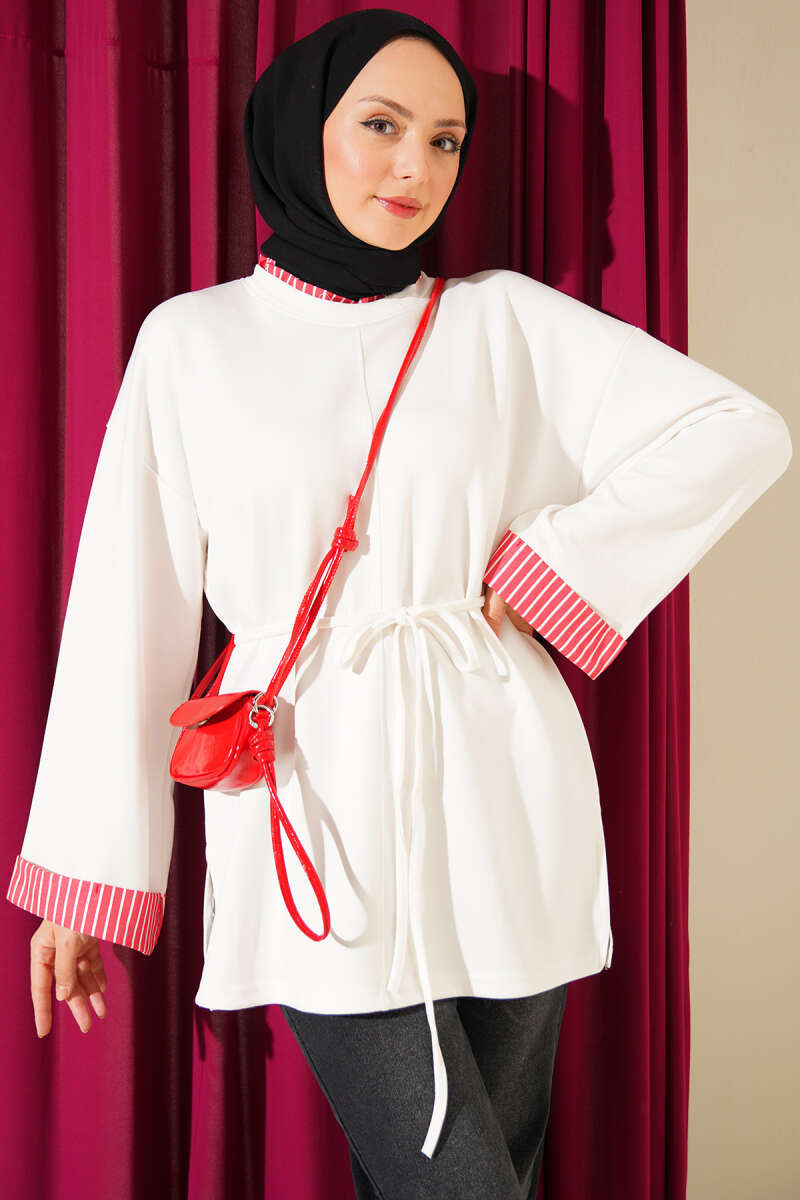Striped French terry drawstring tunic Ecru