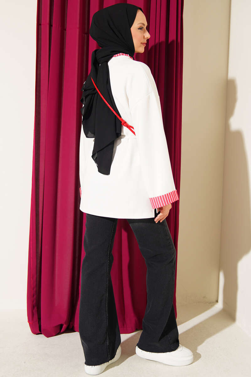 Striped French terry drawstring tunic Ecru - الصورة 3