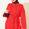 Striped French terry drawstring tunic Red