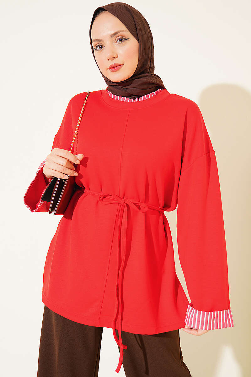 Striped French terry drawstring tunic Red