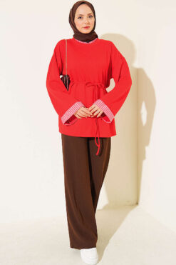 Alternative view of Striped French terry drawstring tunic Red