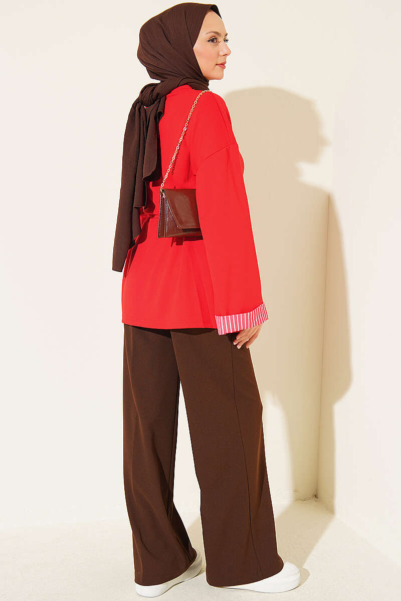 Striped French terry drawstring tunic Red - الصورة 3