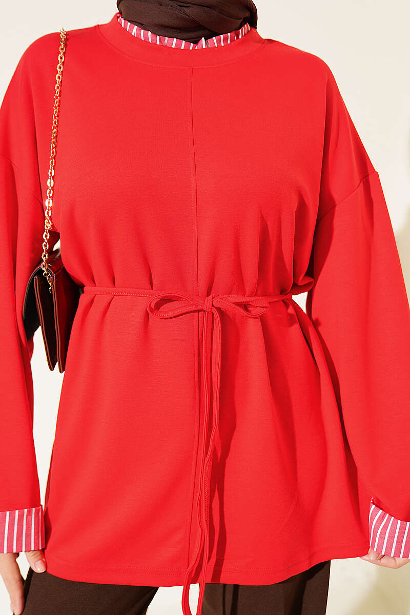 Striped French terry drawstring tunic Red - الصورة 4