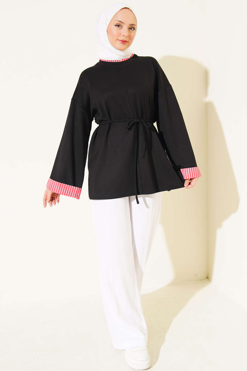 Striped French terry drawstring tunic Black - الصورة 2