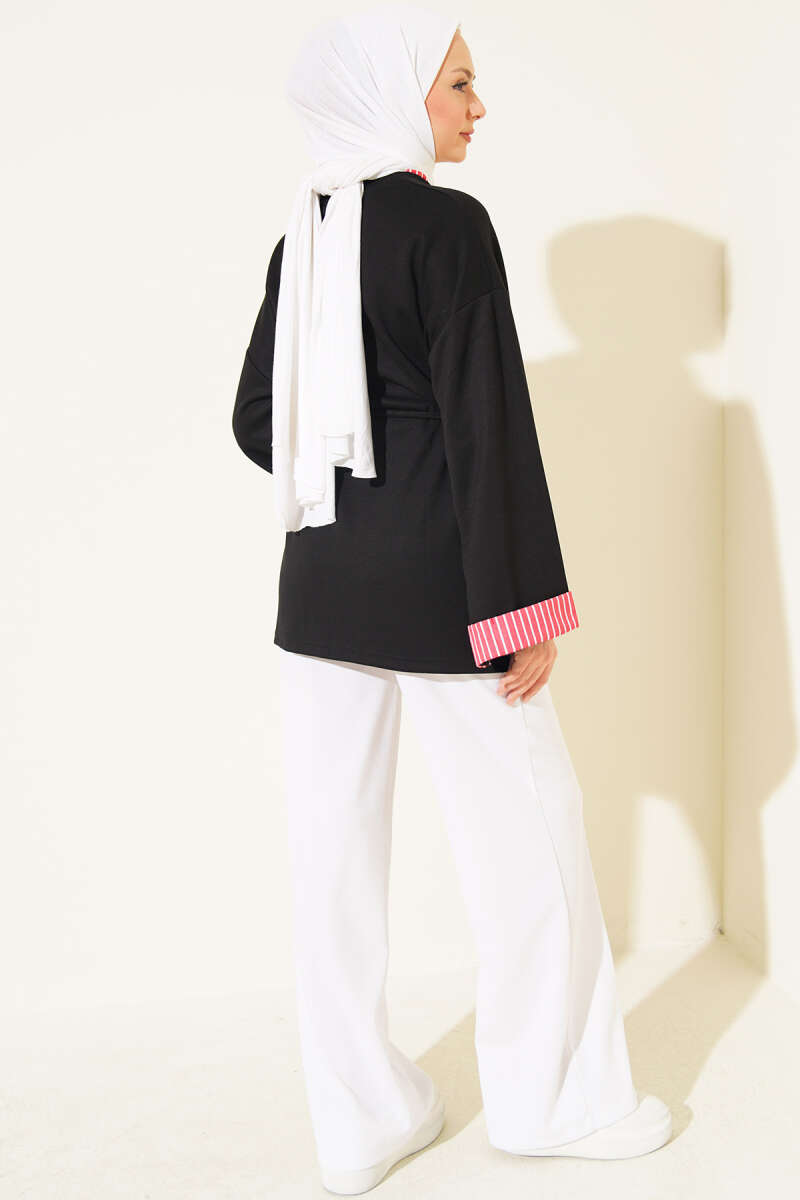 Striped French terry drawstring tunic Black - الصورة 3