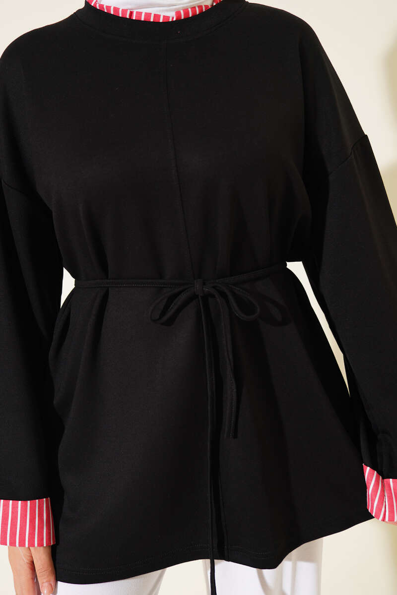 Striped French terry drawstring tunic Black - الصورة 4