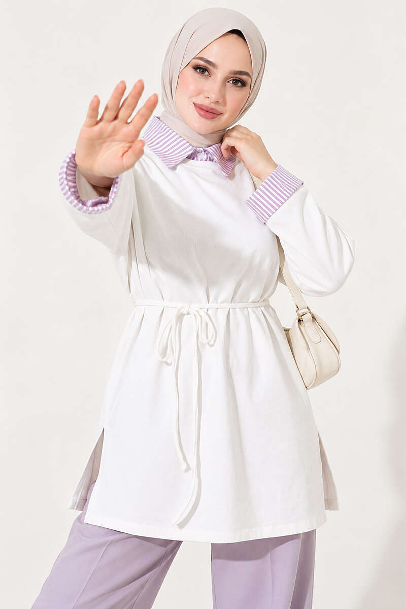 Striped French terry basic tunic with hem edge detail Ecru