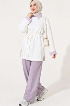 Alternative view of Striped French terry basic tunic with hem edge detail Ecru
