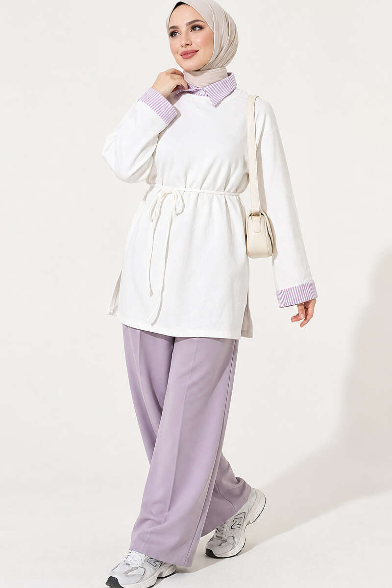 Striped French terry basic tunic with hem edge detail Ecru - immagine 2