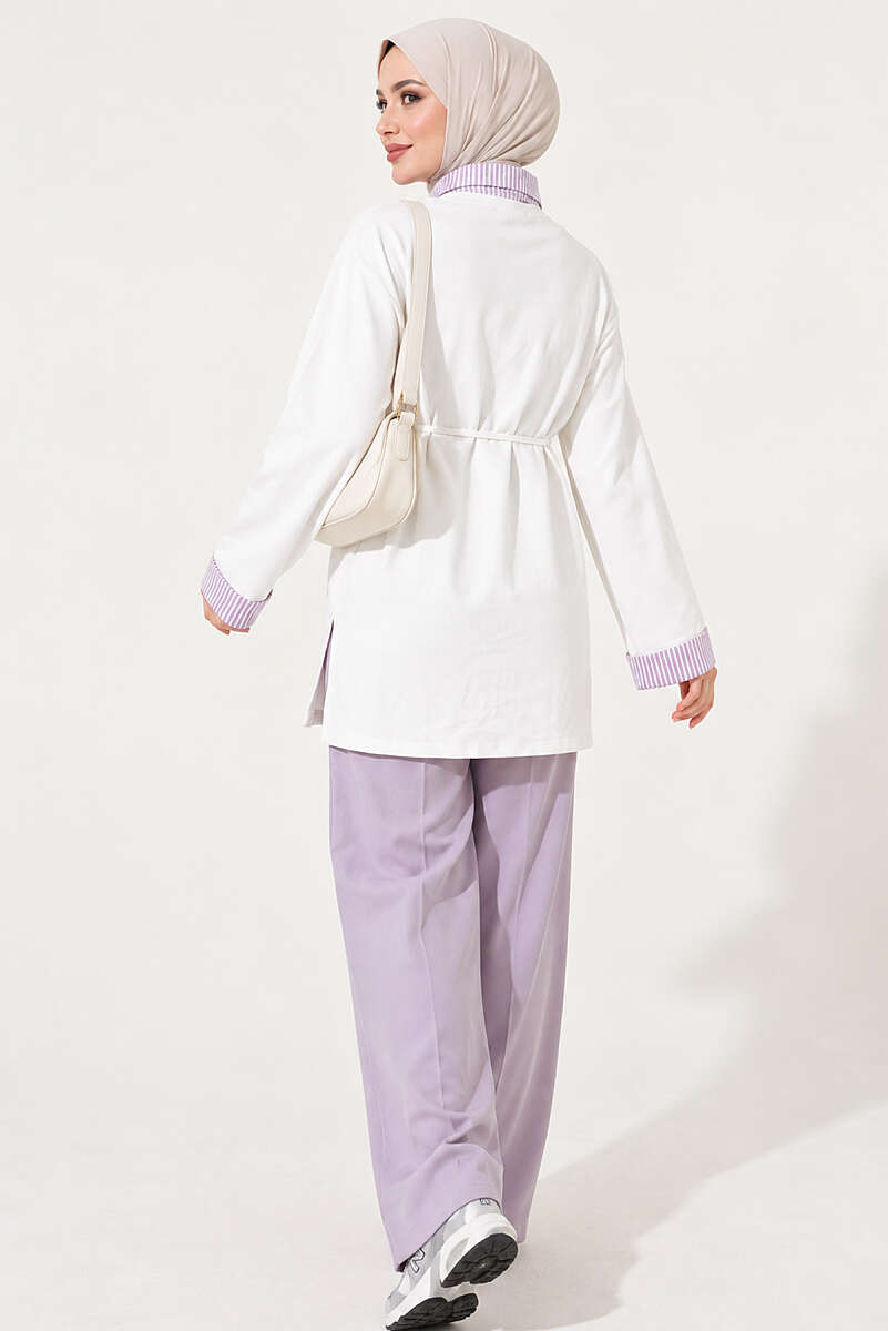 Striped French terry basic tunic with hem edge detail Ecru - immagine 3