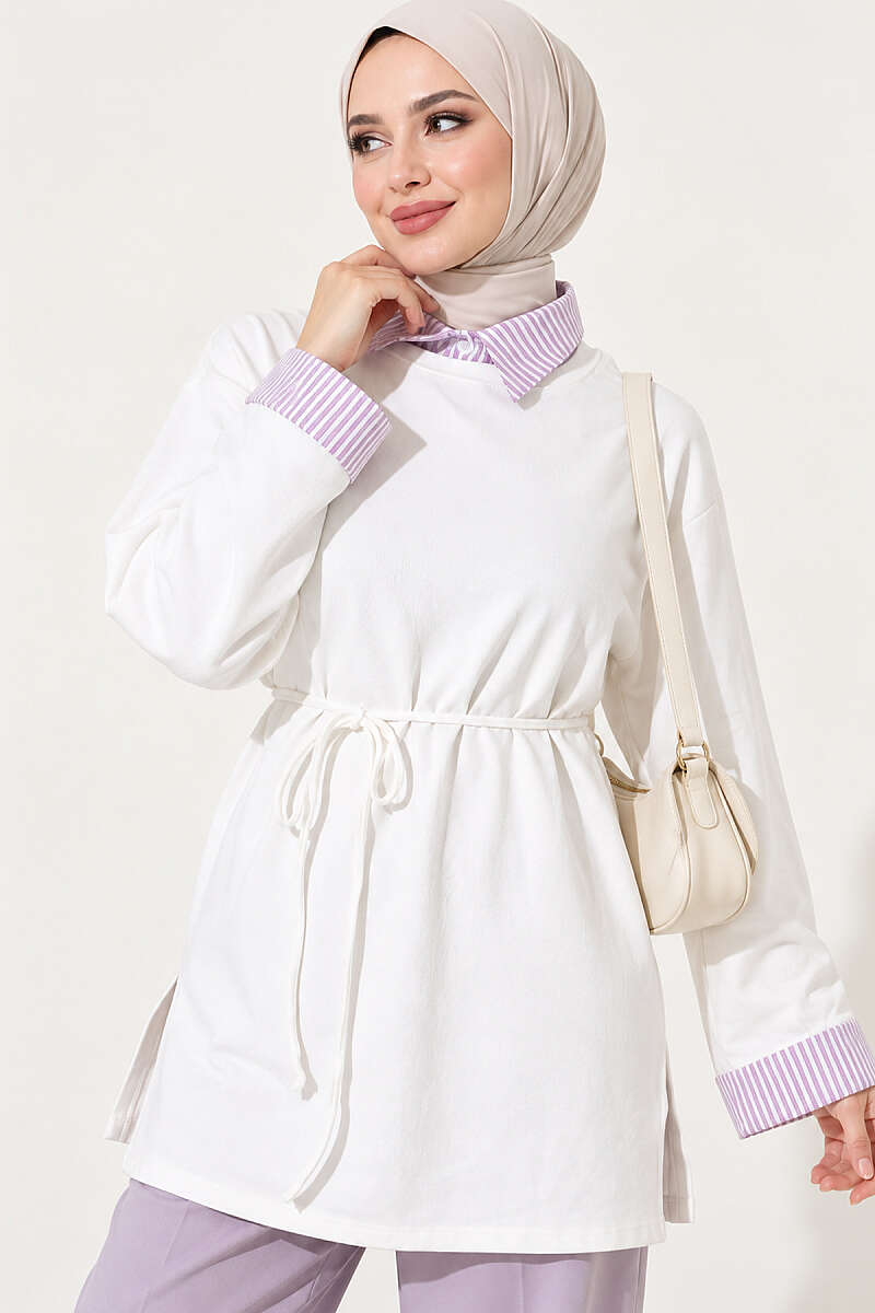 Striped French terry basic tunic with hem edge detail Ecru - immagine 4