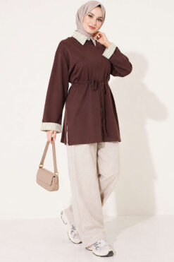 Alternative view of Striped French terry basic tunic with hem edge detail Brown