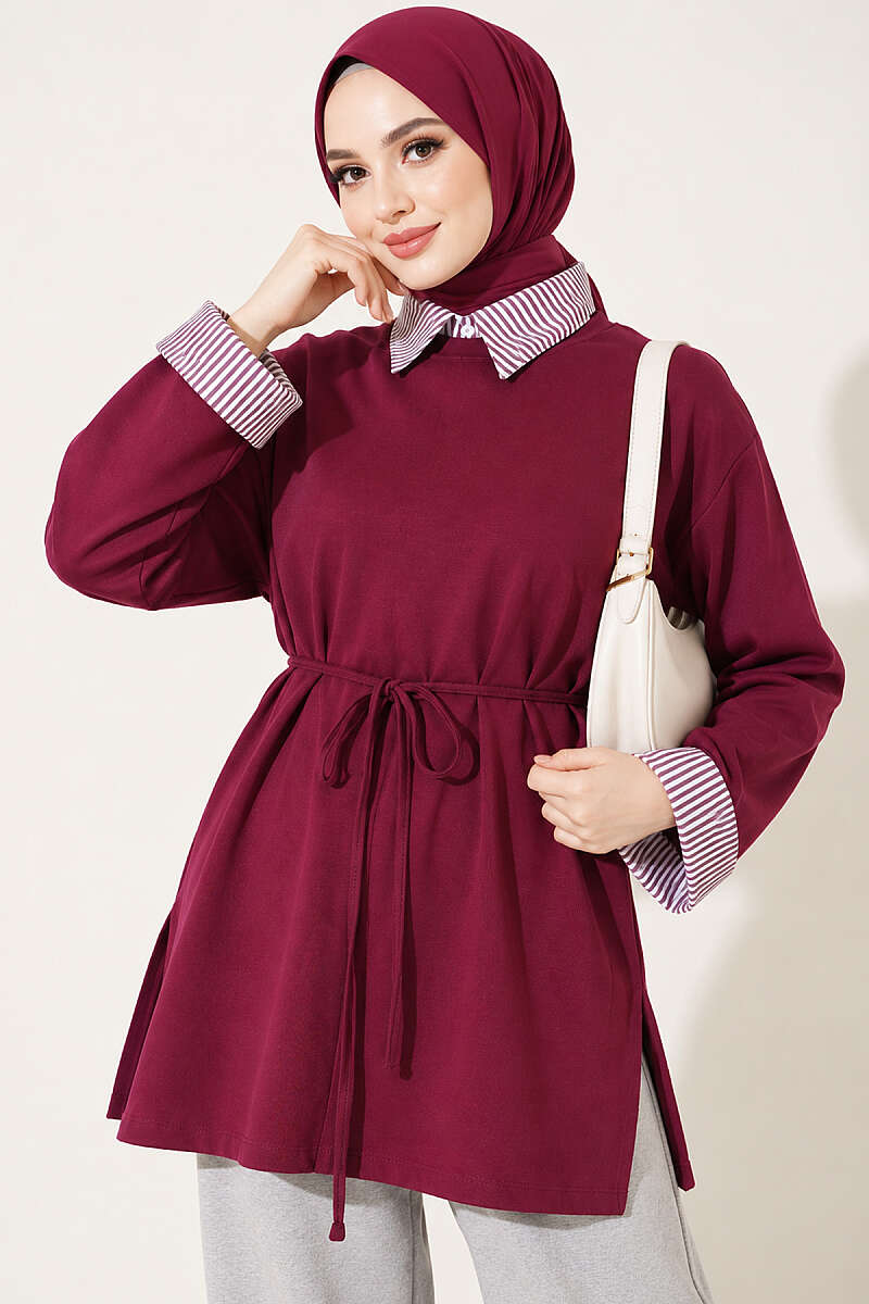Striped French terry basic tunic with hem edge detail Plum