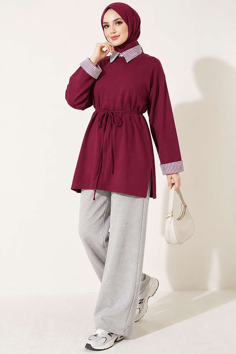 Striped French terry basic tunic with hem edge detail Plum - Afbeelding 2