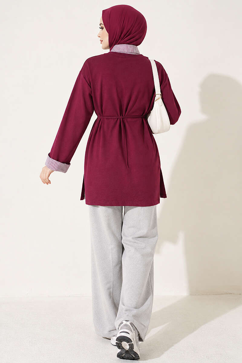 Striped French terry basic tunic with hem edge detail Plum - Afbeelding 3