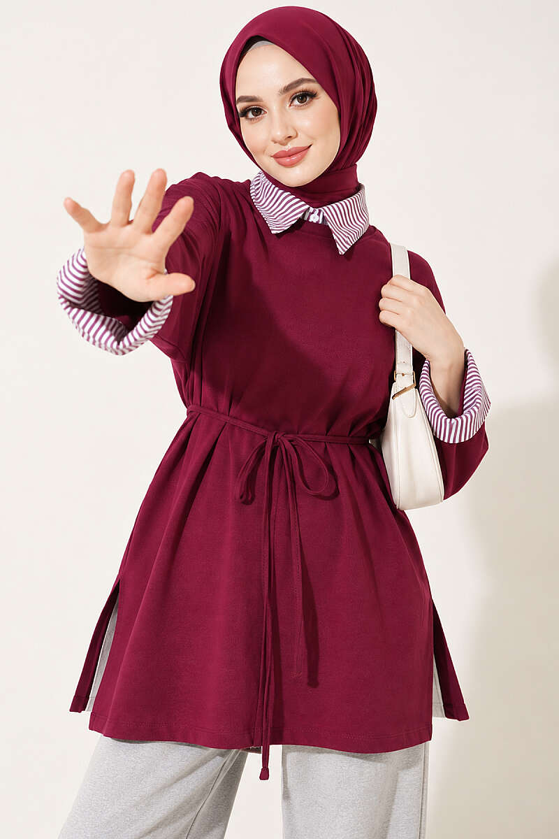 Striped French terry basic tunic with hem edge detail Plum - Afbeelding 4