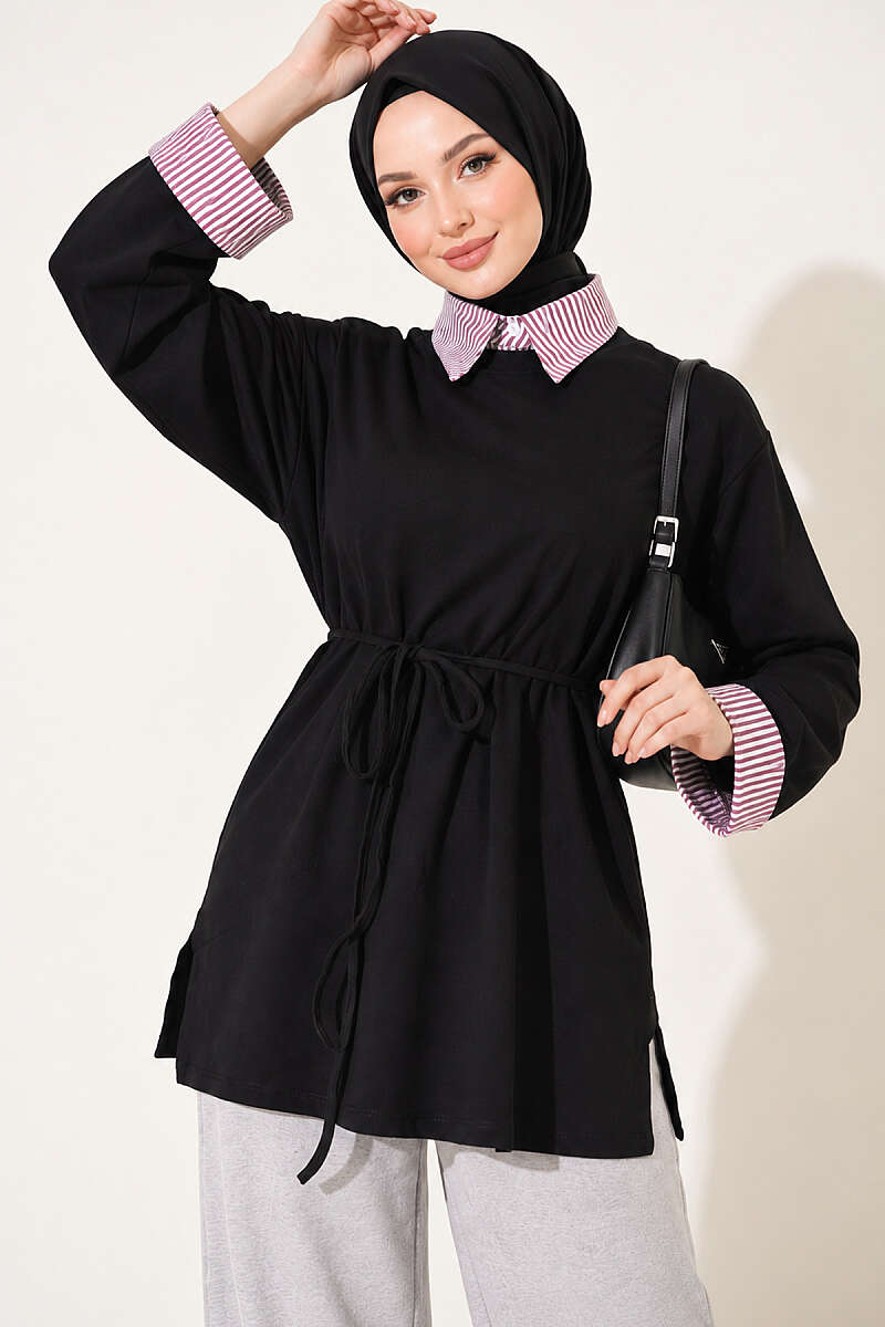 Striped French terry basic tunic with hem edge detail Black