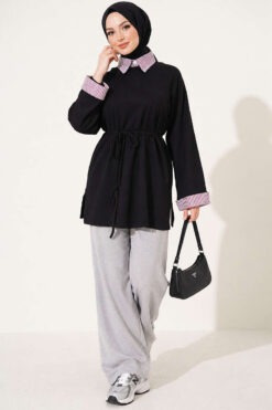 Alternative view of Striped French terry basic tunic with hem edge detail Black
