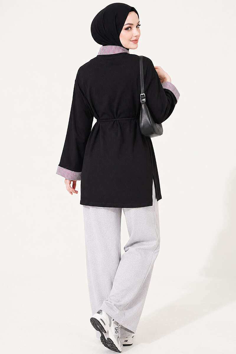Striped French terry basic tunic with hem edge detail Black - Afbeelding 3