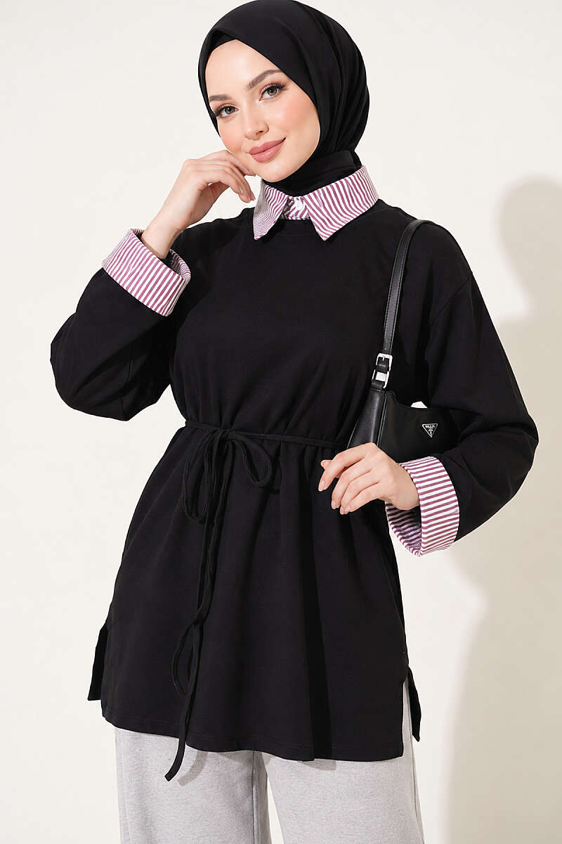 Striped French terry basic tunic with hem edge detail Black - Afbeelding 4