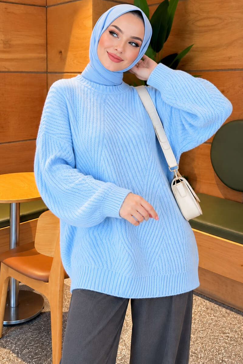 Ribbed Embossed Knit Tunic Baby Blue