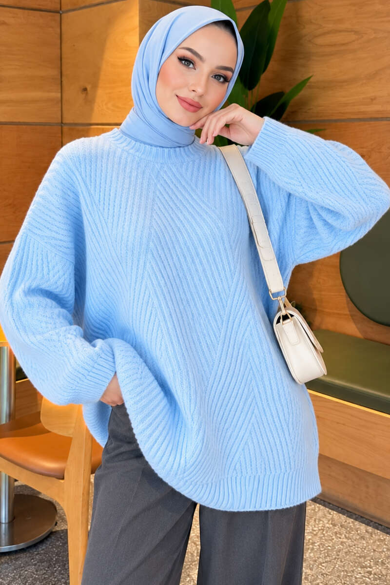 Ribbed Embossed Knit Tunic Baby Blue - Imagen 4