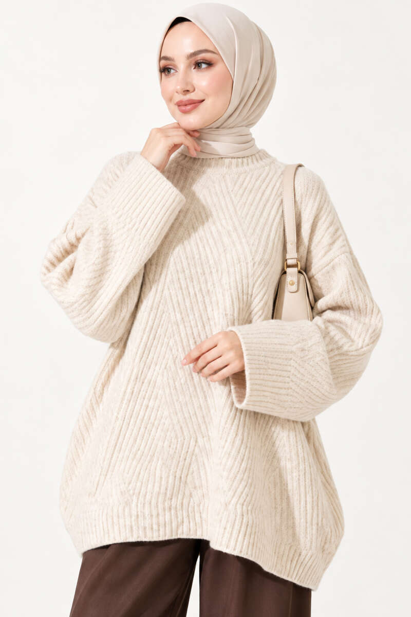 Ribbed Embossed Knit Tunic Beige - الصورة 2