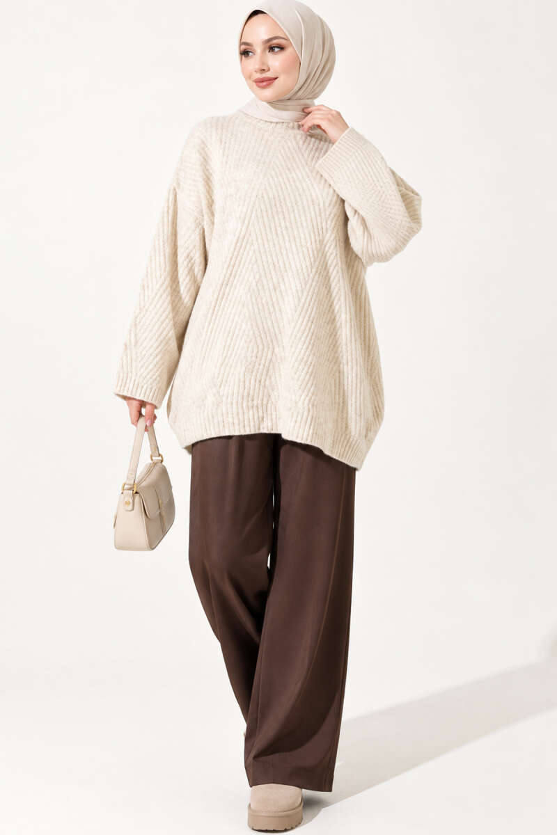 Ribbed Embossed Knit Tunic Beige - الصورة 3