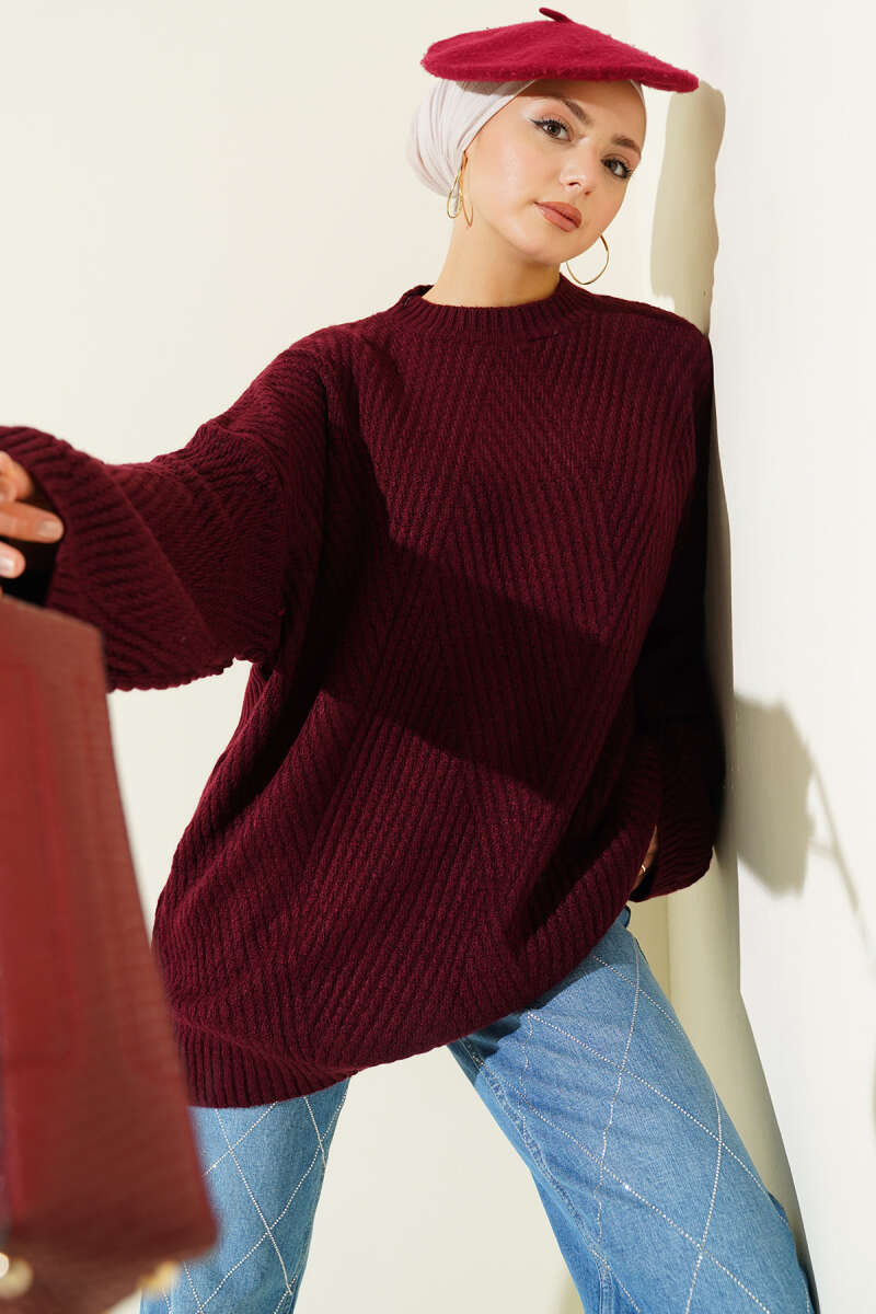 Ribbed Embossed Knit Tunic Burgundy