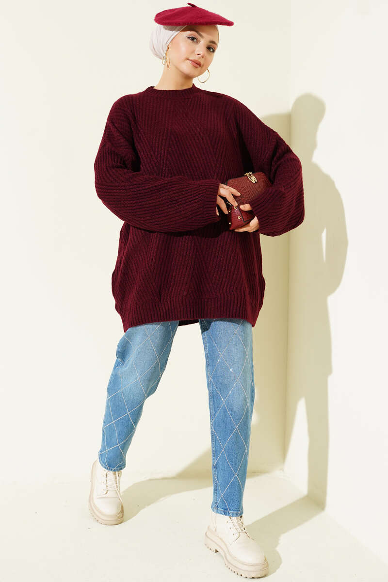 Ribbed Embossed Knit Tunic Burgundy – Image 2