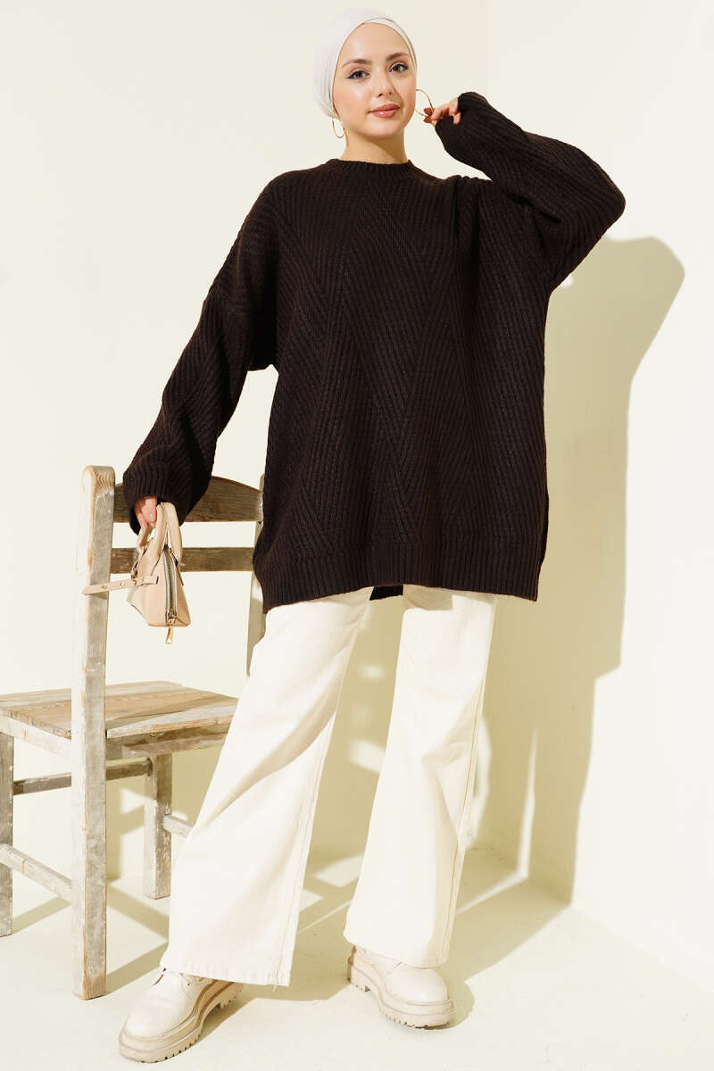 Ribbed Embossed Knit Tunic Brown - الصورة 2