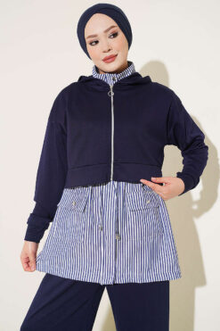 Alternative view of Striped French terry hoodie three-piece set Navy Blue