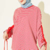 Striped Long-Sleeve Tunic with Gathered Sleeve Cuffs Red