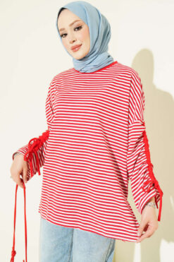 Striped Long-Sleeve Tunic with Gathered Sleeve Cuffs Red
