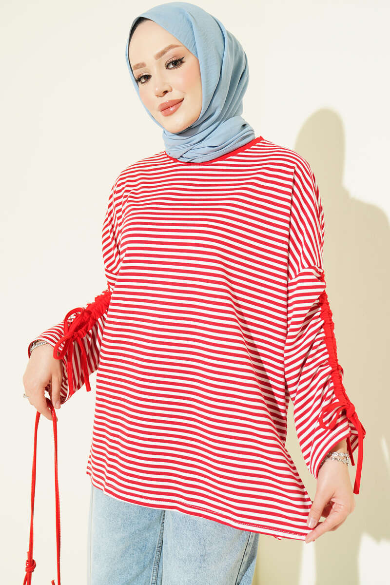 Striped Long-Sleeve Tunic with Gathered Sleeve Cuffs Red
