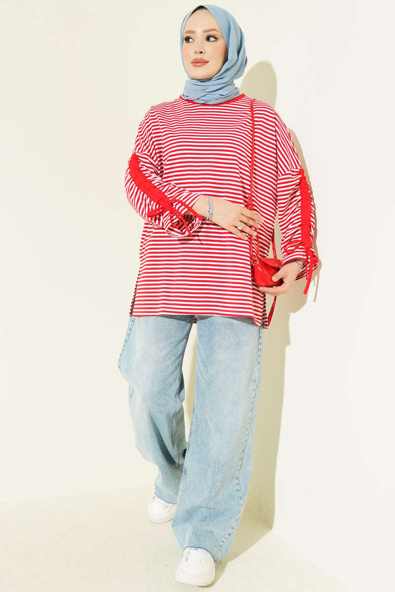 Striped Long-Sleeve Tunic with Gathered Sleeve Cuffs Red - immagine 2