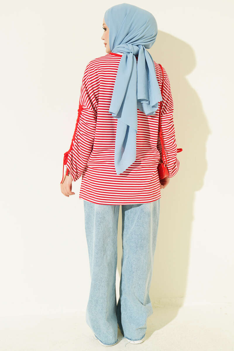 Striped Long-Sleeve Tunic with Gathered Sleeve Cuffs Red - immagine 3